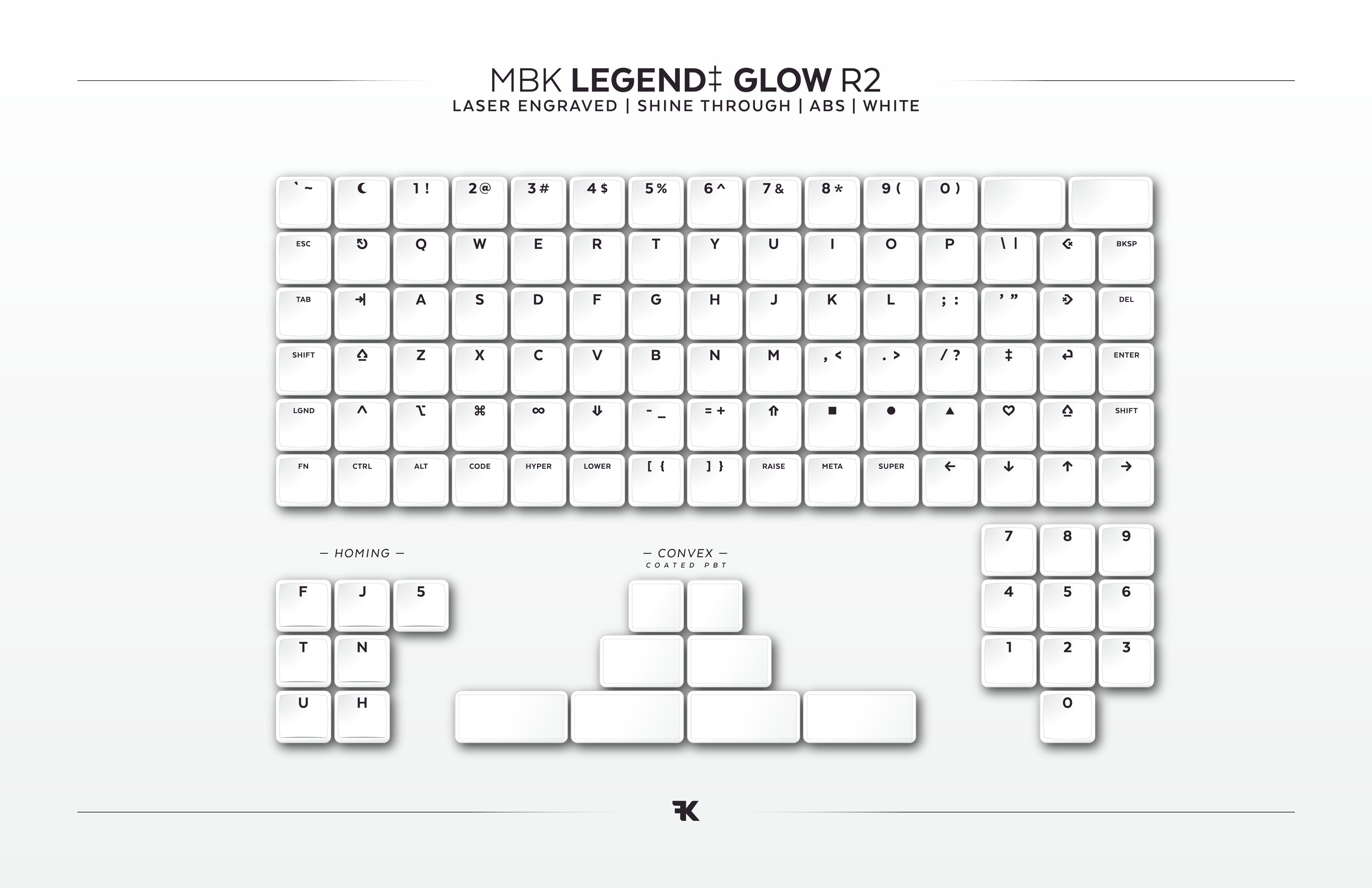 MBK Legend‡ Glow R2 White RGB LED with Low Profile lettering keycaps
