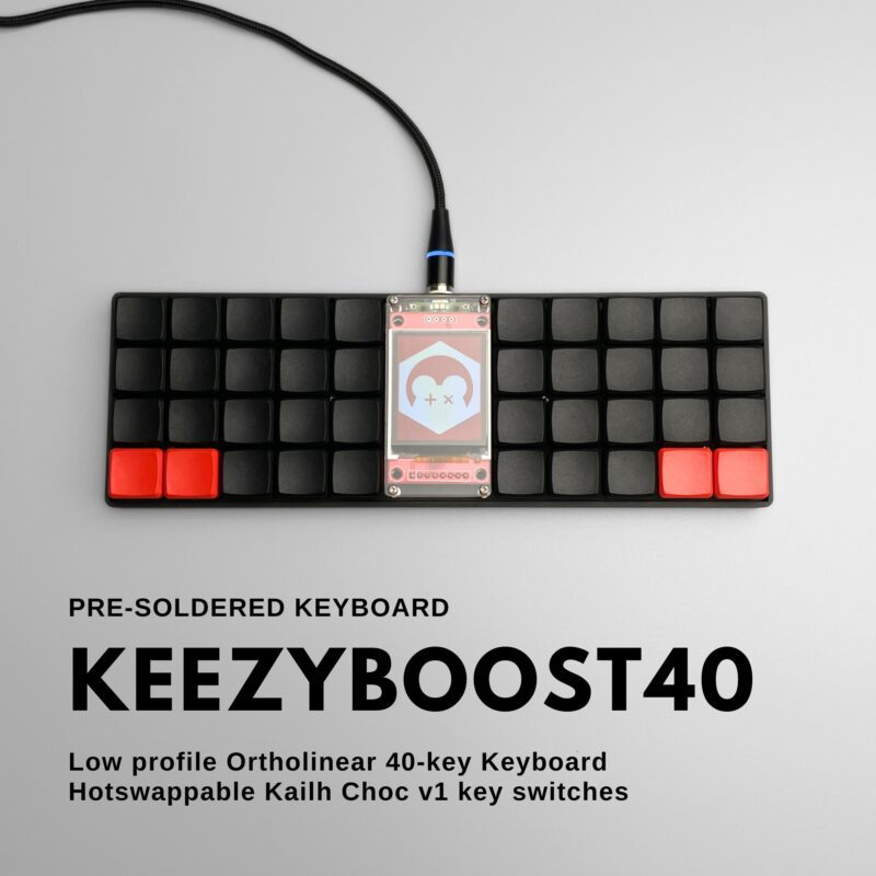 keezyboost40 by ChrisChrisLoLo is a 4x10 low profile ortholinear keyboard (40-key) with a big 1.8" LCD screen in the center. The controller is Raspberry Pi Pico RP2040 that supports using QMK / Rust-based firmware.
