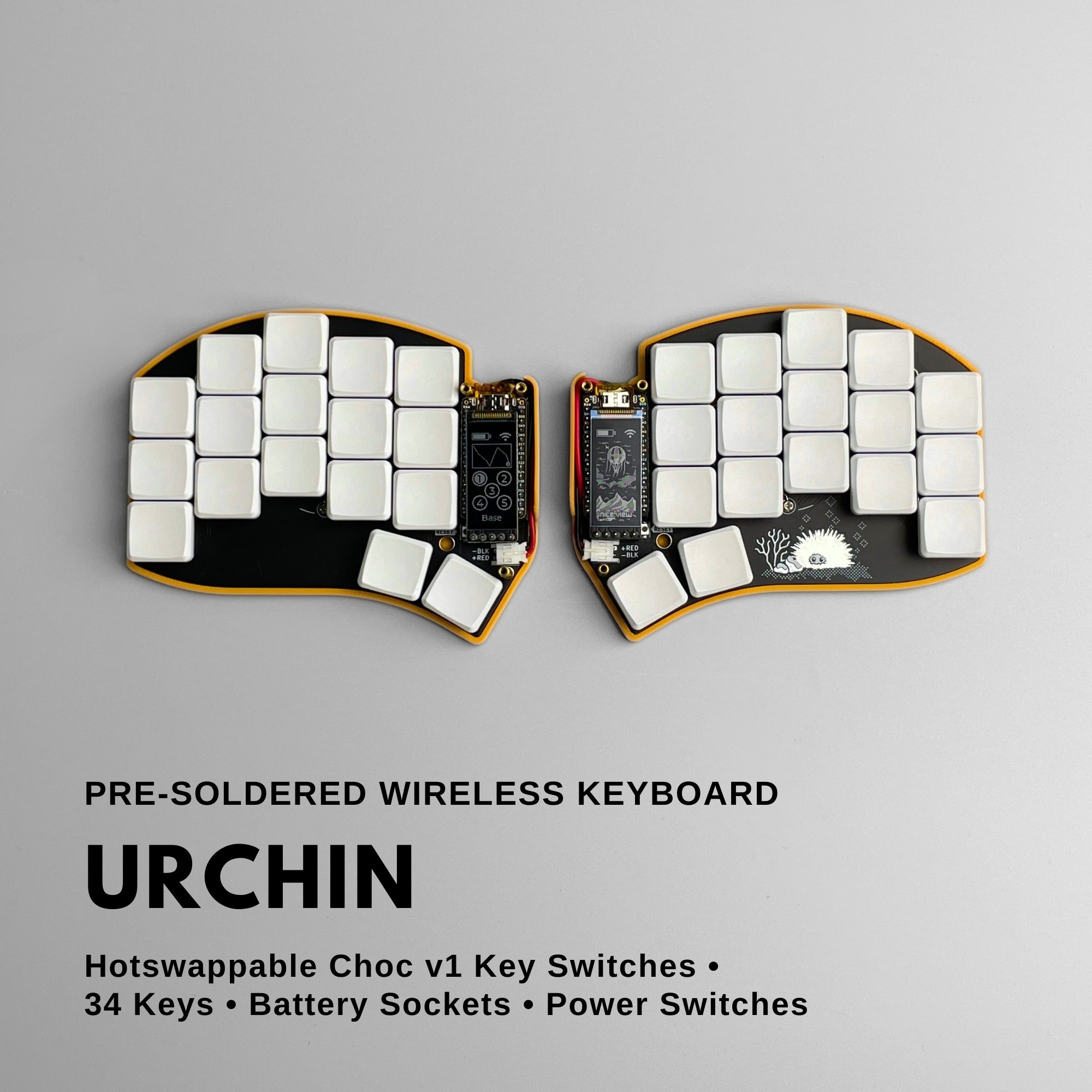 Pre-soldered Urchin wireless split keyboard designed by duckyb